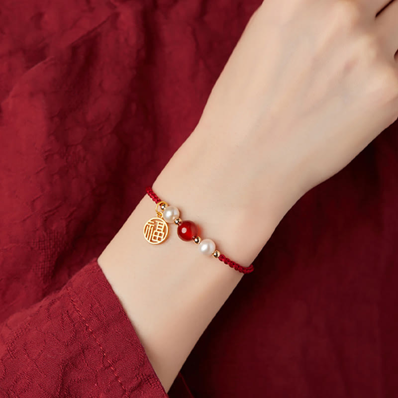925 Sterling Silver Red String Bracelet with Fu Character