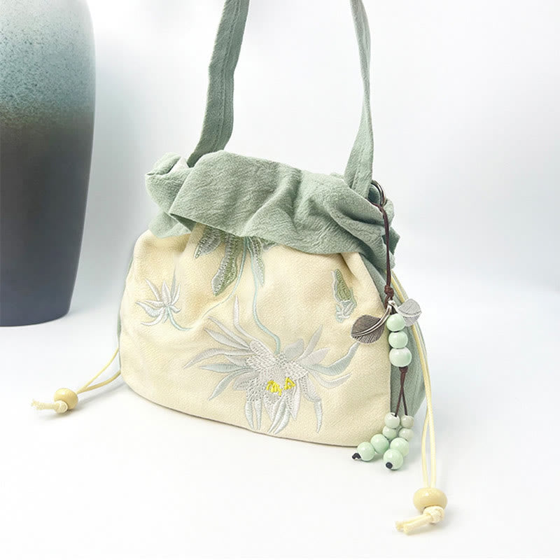 Cotton Linen Tote Bag with Spiritual Lotus Embroidery 20cm