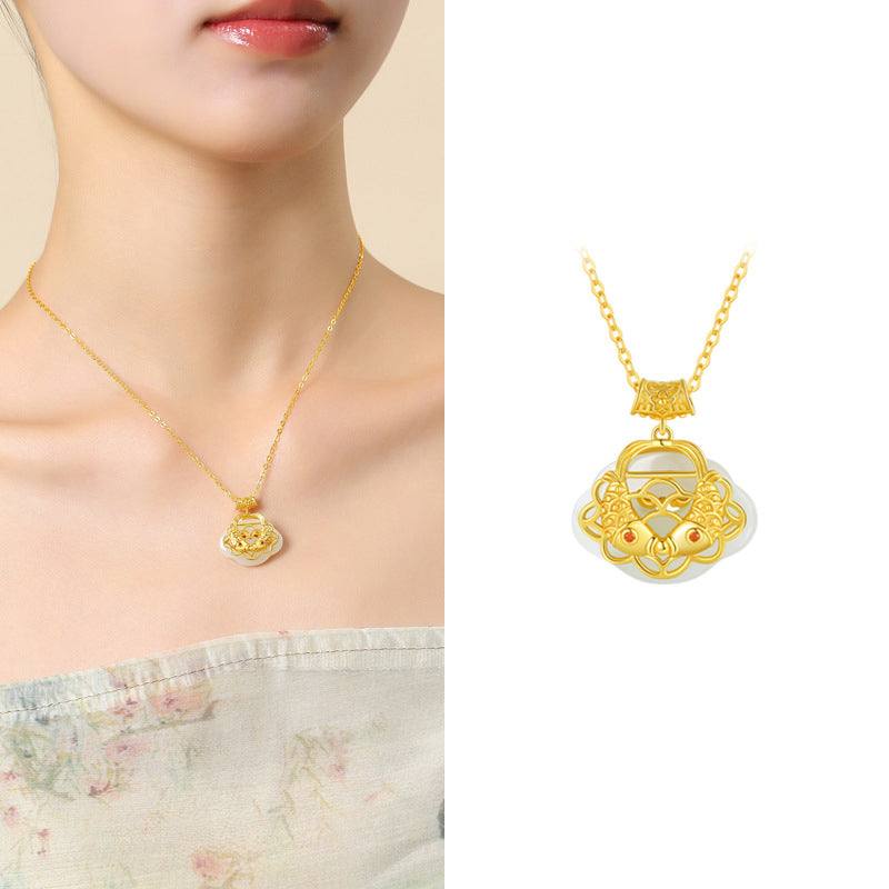 Natural Hetian Jade Koi Fish Wealth Necklace in Sterling Silver