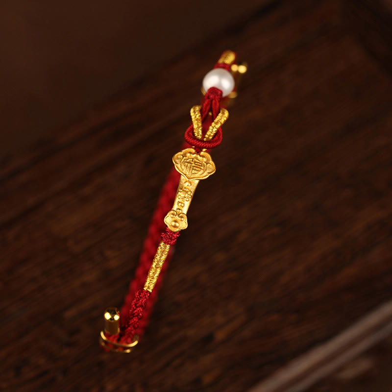 24K Gold Red String Wish Ruyi Fu Bracelet for Luck
