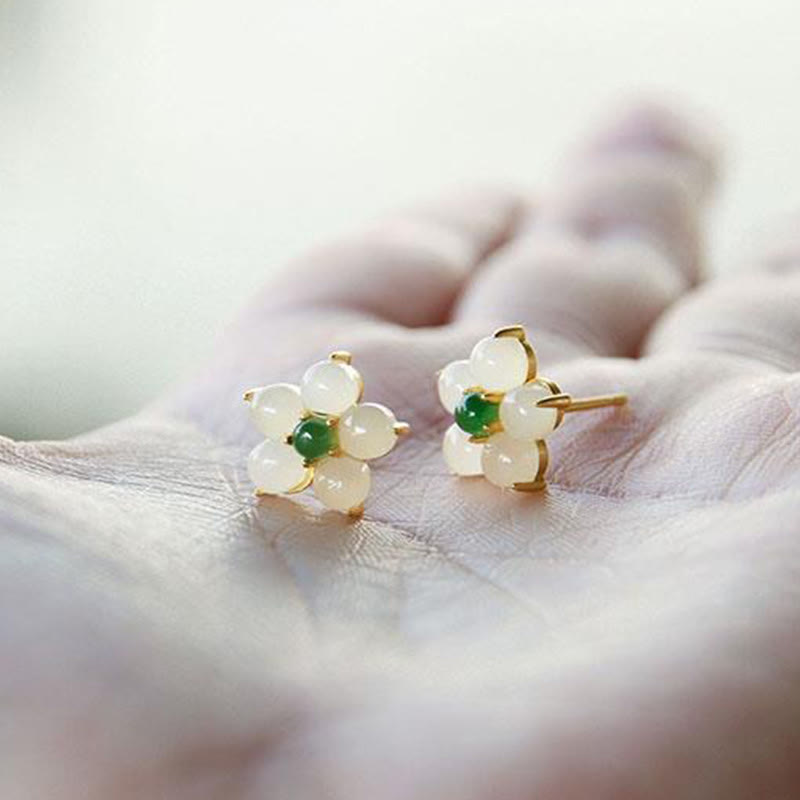 White Jade Luck Blessing Stud Earrings for Protection