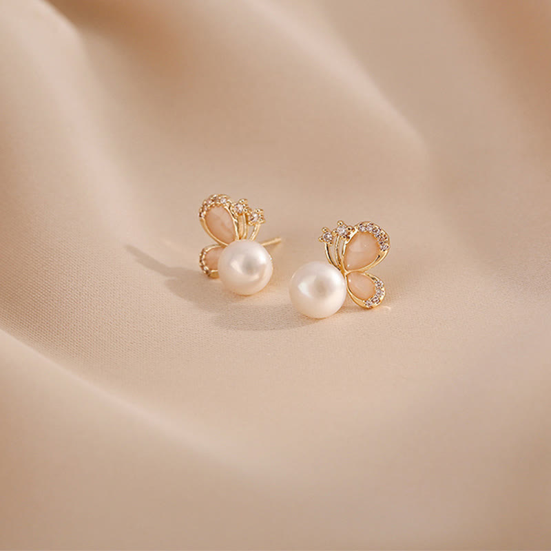 18K Gold Pearl Butterfly Love Freedom Stud Earrings