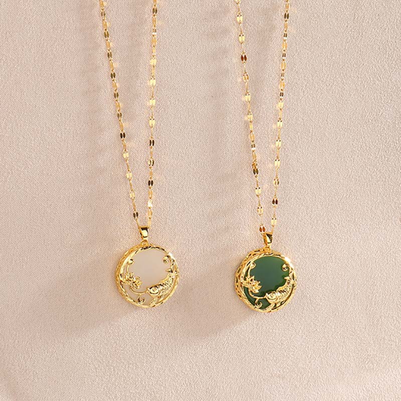 Natural Jade Koi Fish Lotus Luck Pendant Necklace