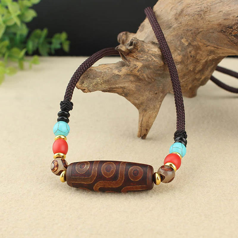 Unisex Agate Necklace with Nine-Eye and Three-Eyed Dzi Beads for Protection