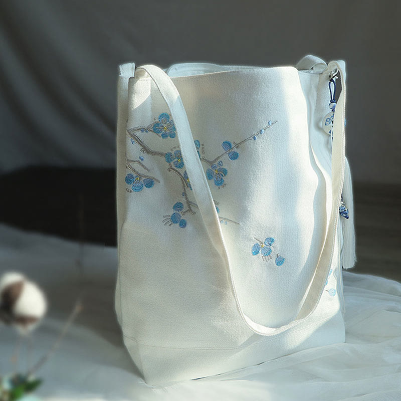 Canvas Tote Bag with Flower Crane & Plum Blossom Embroidery