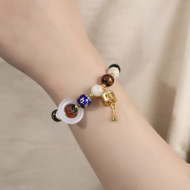 Om Mani Padme Hum Om Bracelet with Tridacna & Sun Stones 14-16cm