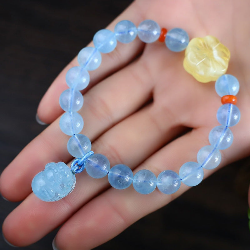 9mm Aquamarine Amber Pixiu Peace Healing Bracelet