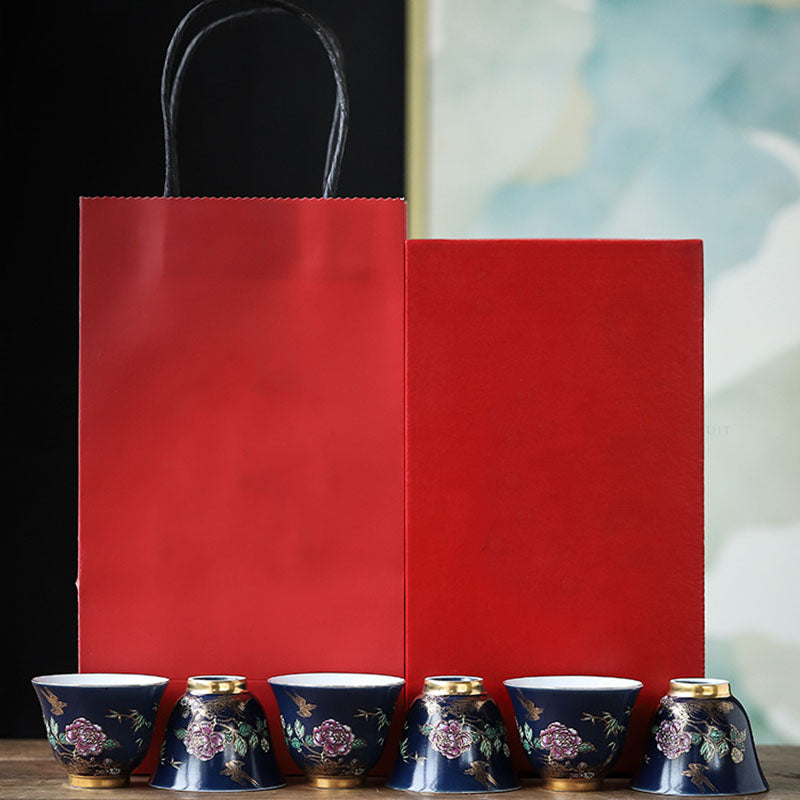 Golden Magpie & Peony Ceramic Teacup for Kung Fu Tea