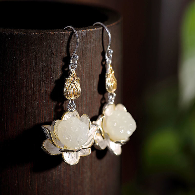 White Jade Protection Harmony Lotus Drop Earrings