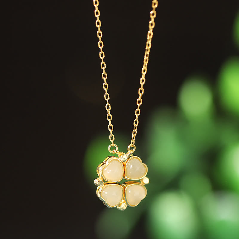 925 Sterling Silver Four Leaf Clover Jade Necklace for Abundance & Protection