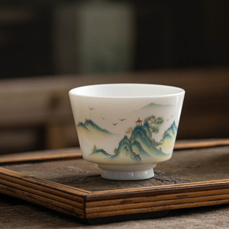 Zen Ceramic Teacup with Lotus Flower and Mountain Design 100ml