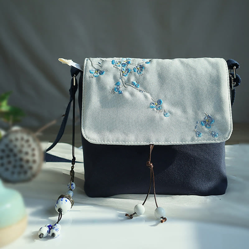Handmade Canvas Crossbody Bag with Plum Flowers 20x23cm