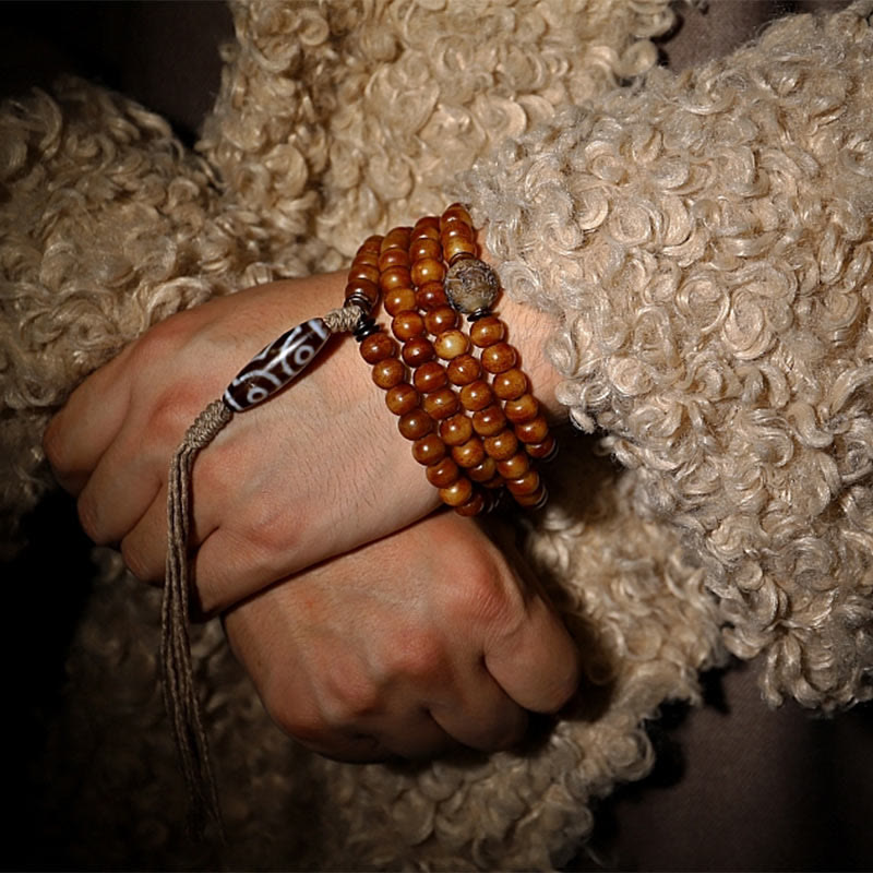 Yak Bone Protection Bracelet with Three-eyed Dzi Bead - 108 Beads