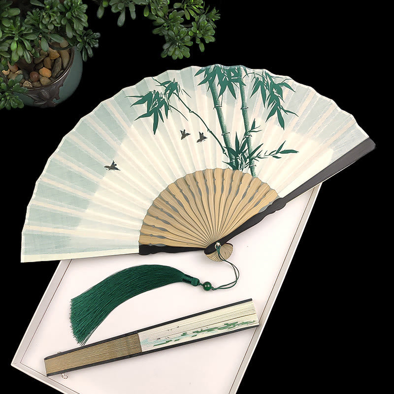 Chinese Folding Fan with Bamboo and Koi Fish Patterns