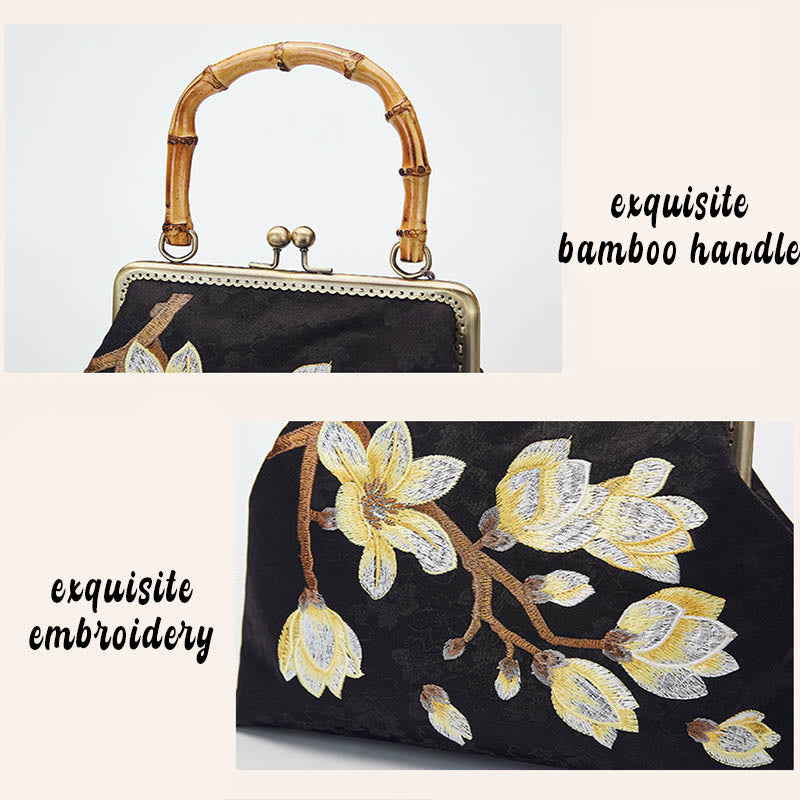 Plum Blossom Embroidery Handbag with Bamboo Handle | Elegant Crossbody
