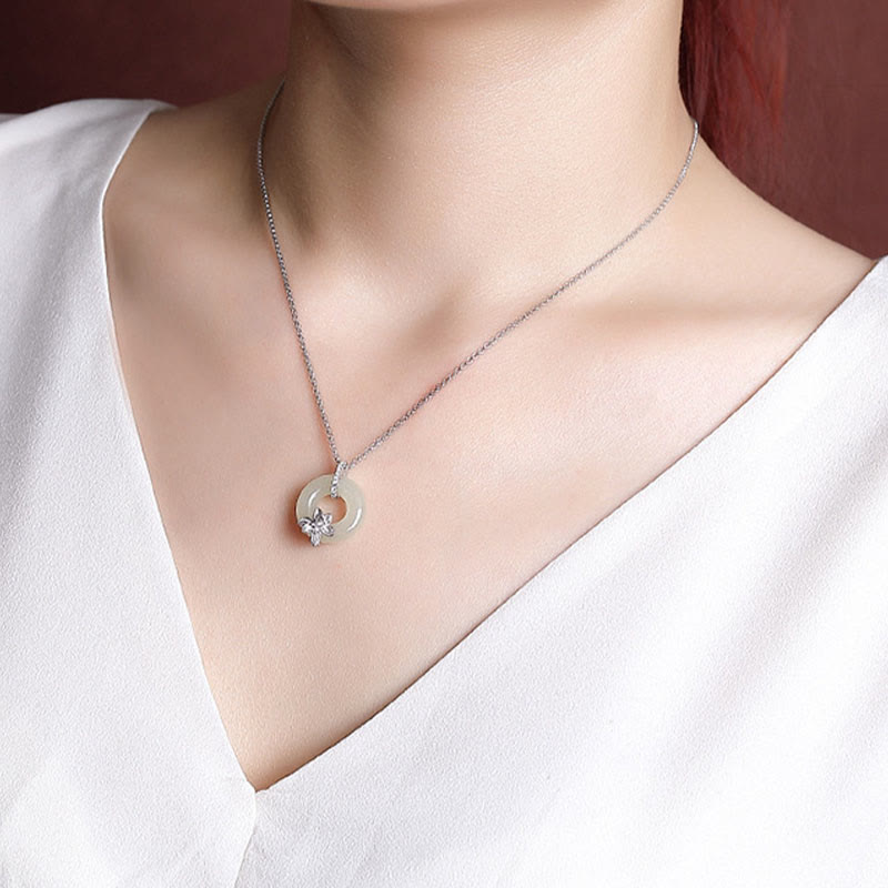 925 Sterling Silver Hetian Jade Peace Buckle Flower Luck Necklace