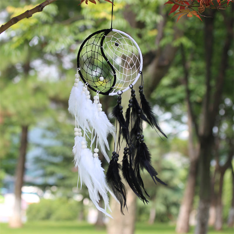 Yin Yang Dream Catcher with Feathers | Balance Wall Art