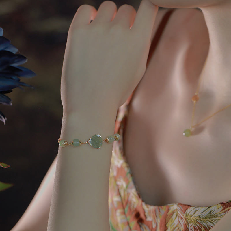 14K Gold Plated Hetian Jade Rose Flower Luck Bracelet