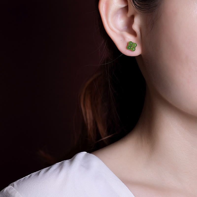 Cyan Jade Four Leaf Clover 8mm Stud Earrings for Luck & Healing