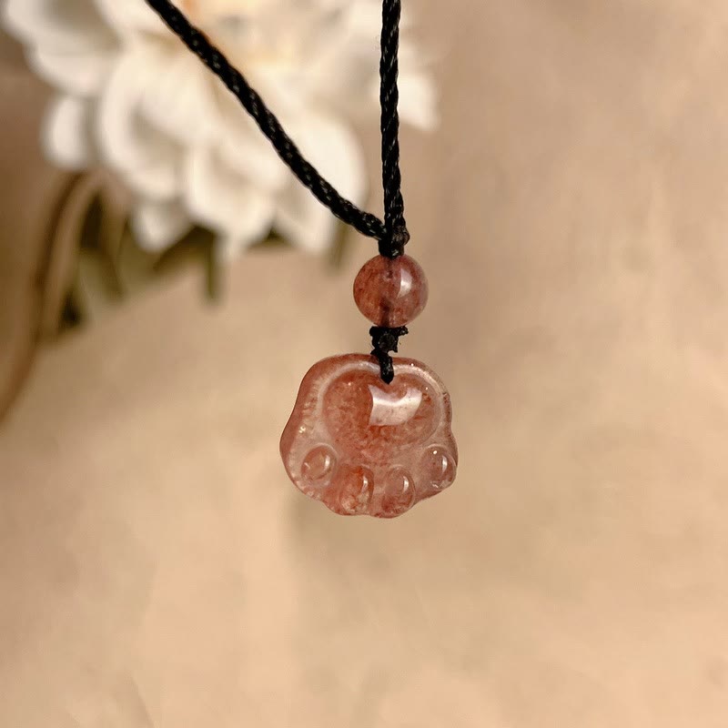 Strawberry Quartz Love Healing Cat Paw Pendant Necklace