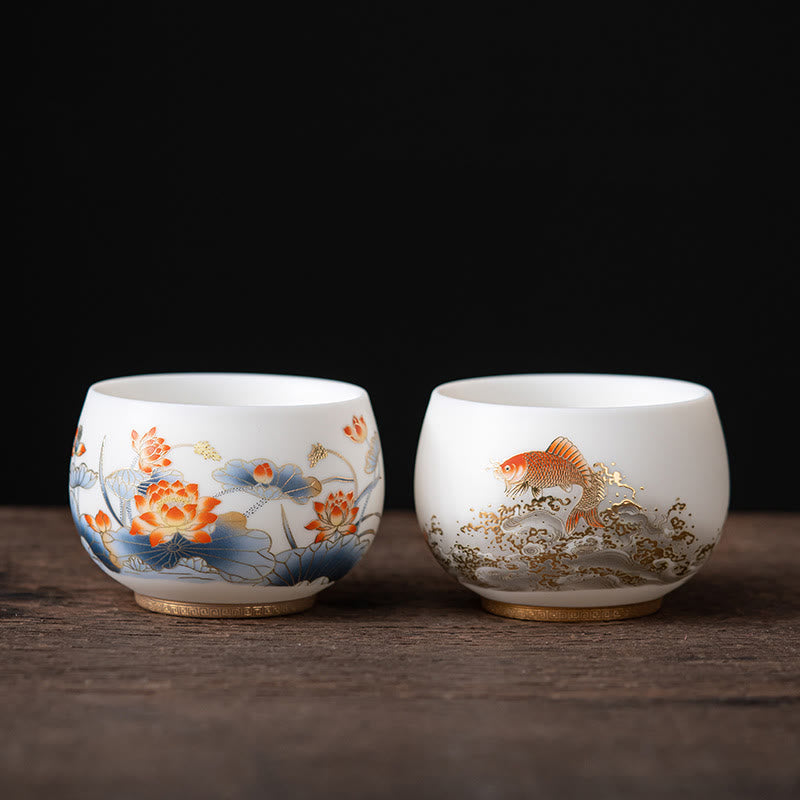 Ceramic Zen Decor Tea Cup | Phoenix Dragon Lotus Motifs