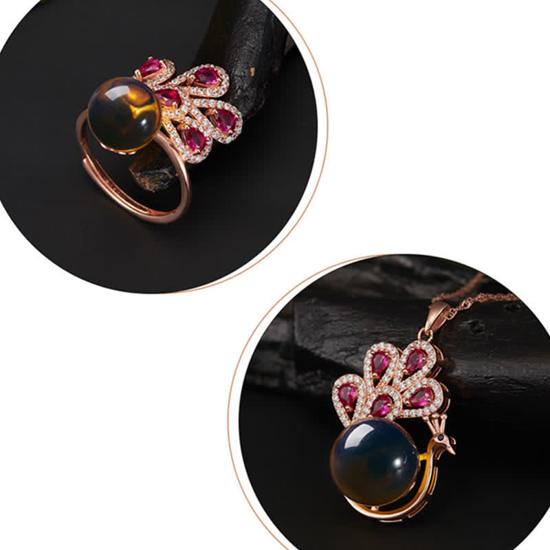 Peacock Amber Fortune Necklace & Ring | Healing Sounds