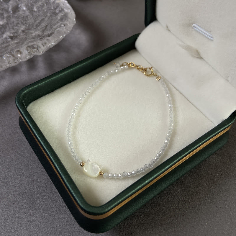 Clear Quartz Bracelet with White Crystal & 14K Gold Plated Healing Cat Charm