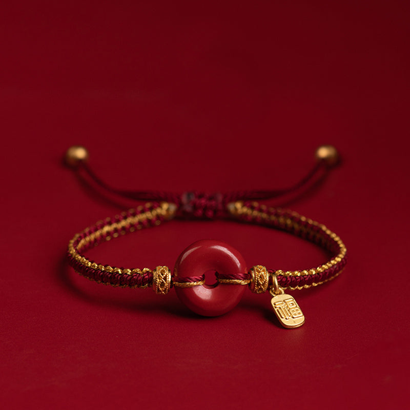 Cinnabar Braided Bracelet with Peace Buckle and Fu Charm