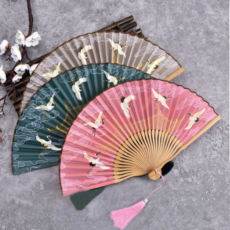 Classic Bamboo Hand Fan | Vintage Cloud Crane Pattern