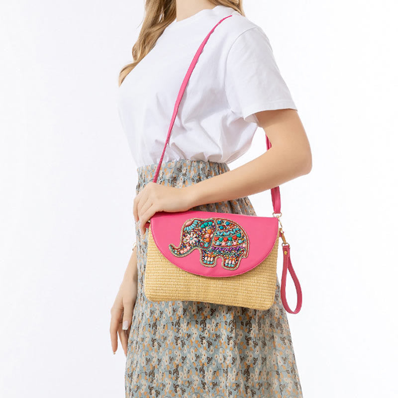 Hamsa Straw Crossbody Bag with Elephant & Flower Designs