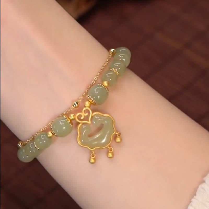 14K Gold Plated Hetian Jade Wish Lock Bell Chain Bracelet