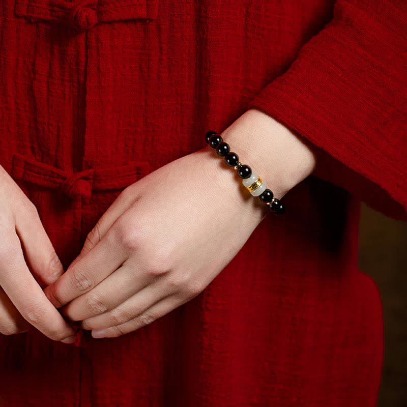 8mm Black Obsidian Jade Om Mani Padme Hum Strength Bracelet