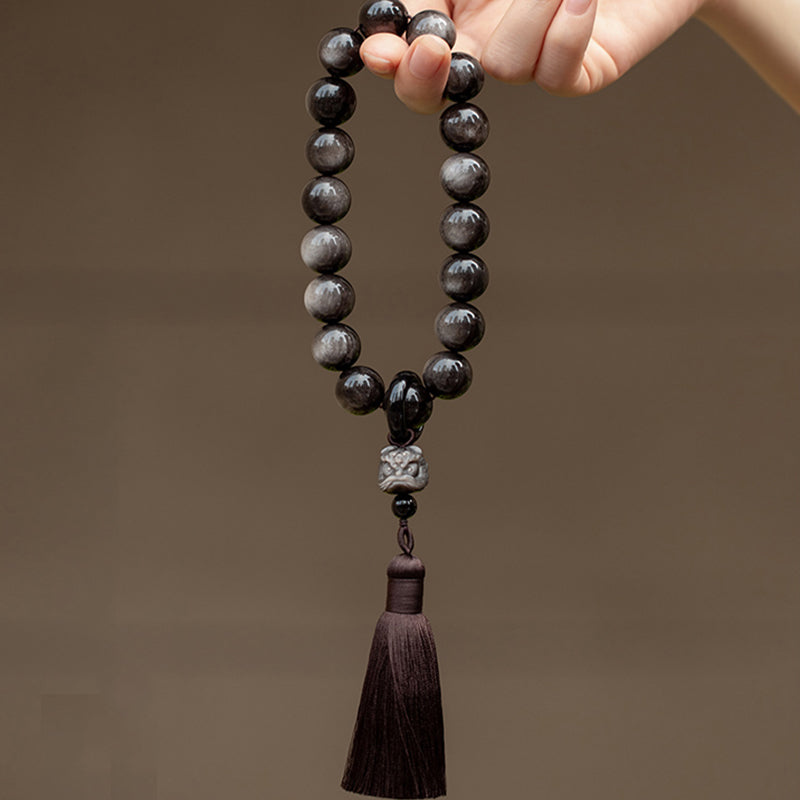 16mm Silver Sheen Obsidian Lion Wrist Mala for Protection & Wisdom