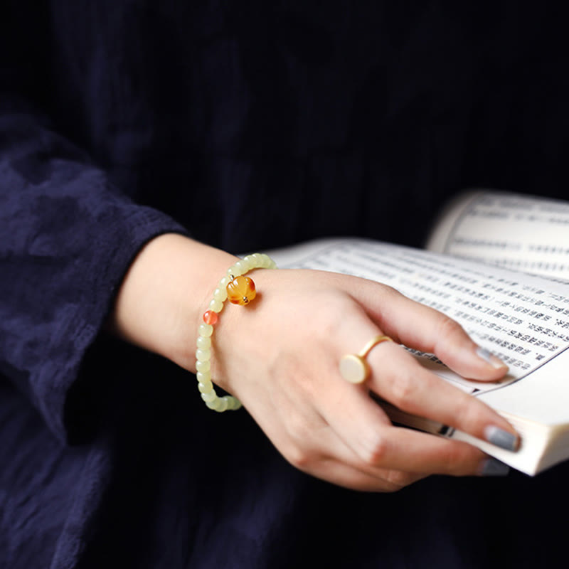 Natural Hetian Jade Prosperity Bracelet with Amber & Red Agate