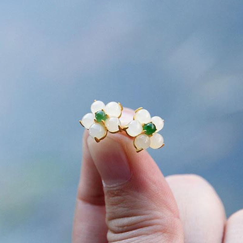 White Jade Luck Blessing Stud Earrings for Protection