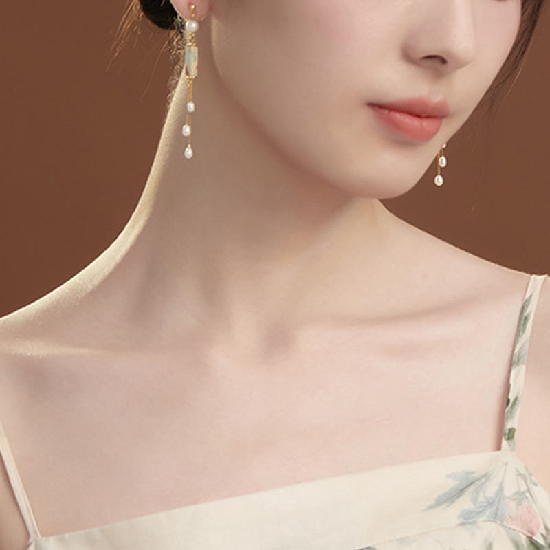 925 Sterling Silver Shoushan Stone Pearl Healing Drop Earrings