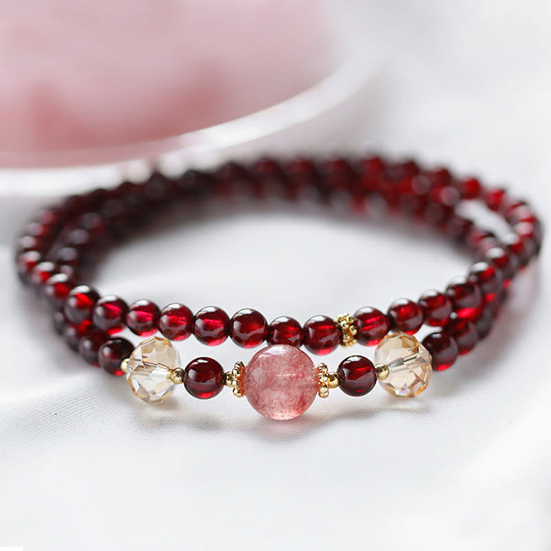 14K Gold Garnet Strawberry Quartz Stability Bracelet