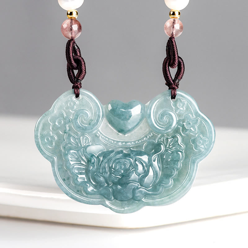 Natural Jade Peony Flower Prosperity Necklace Pendant 32.5mm