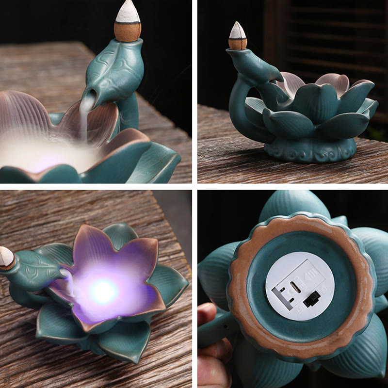 Ceramic Incense Burner Lotus Flower Frog Butterfly Decor