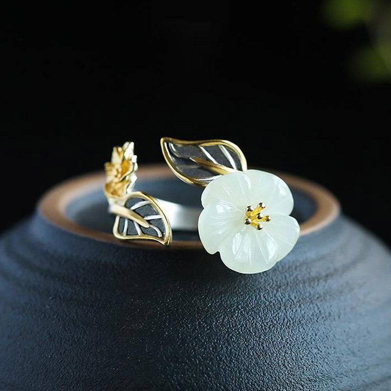 Unisex White Jade Luck Ring with 925 Silver Plated Copper Plum Flower