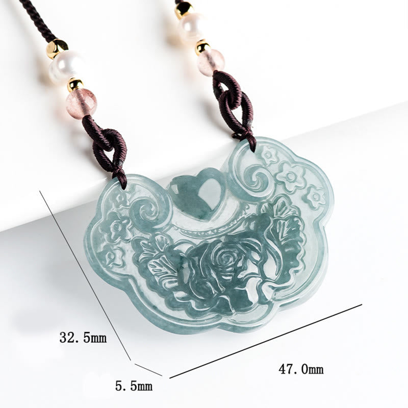 Natural Jade Peony Flower Prosperity Necklace Pendant 32.5mm