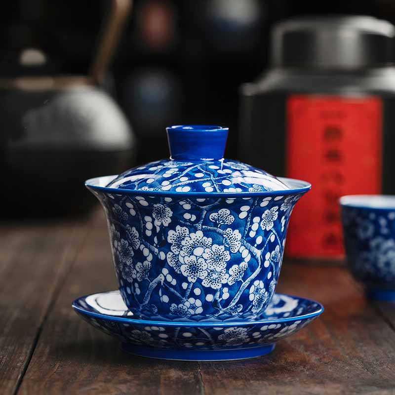Plum Blossom Blue & White Porcelain Ceramic Gaiwan 185ml Tea Cup