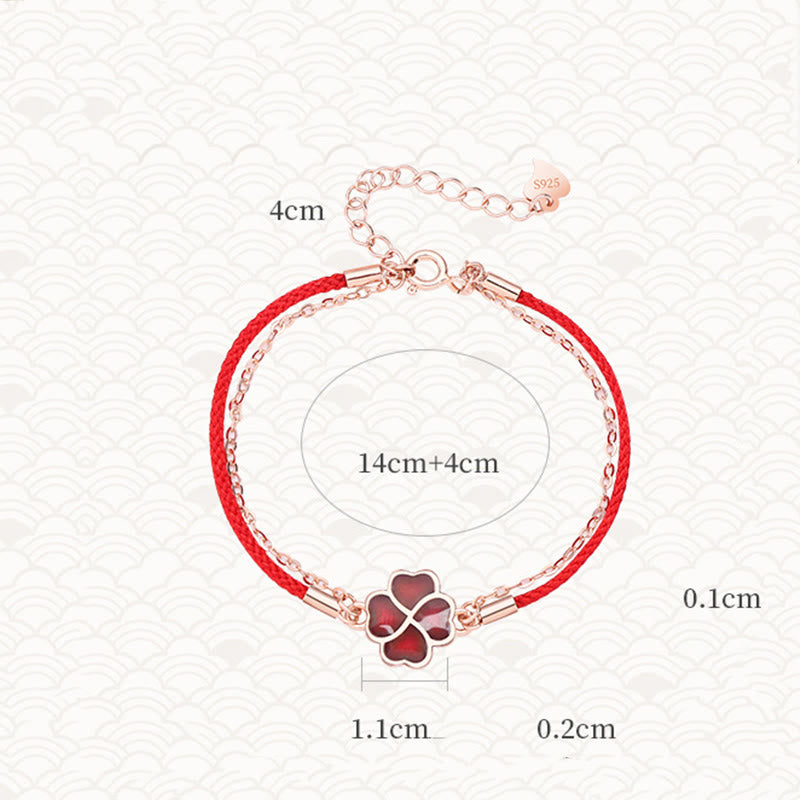 Color-changing Four Leaf Clover Red String Bracelet in 925 Silver for Luck
