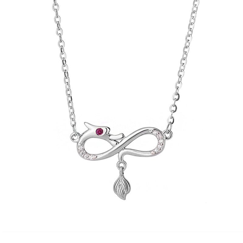 999 Sterling Silver Dragon Necklace with Endless Knot Charm