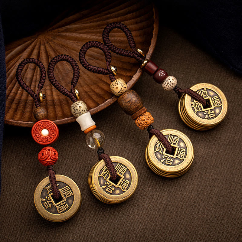 Feng Shui Five Emperor Coins Keychain for Wealth & Protection