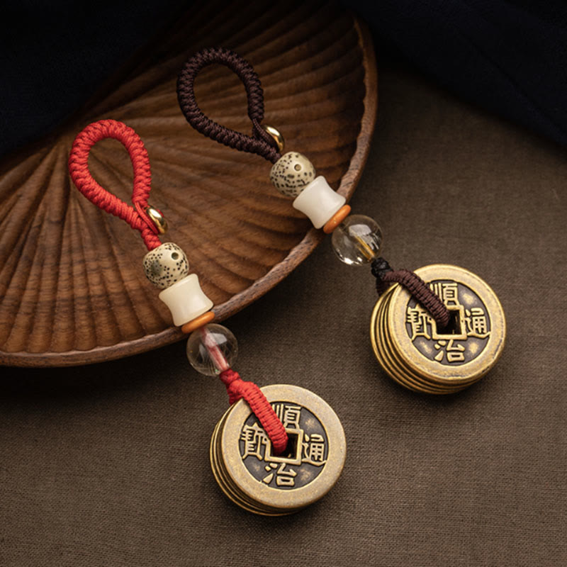 Feng Shui Five Emperor Coins Keychain for Wealth & Protection