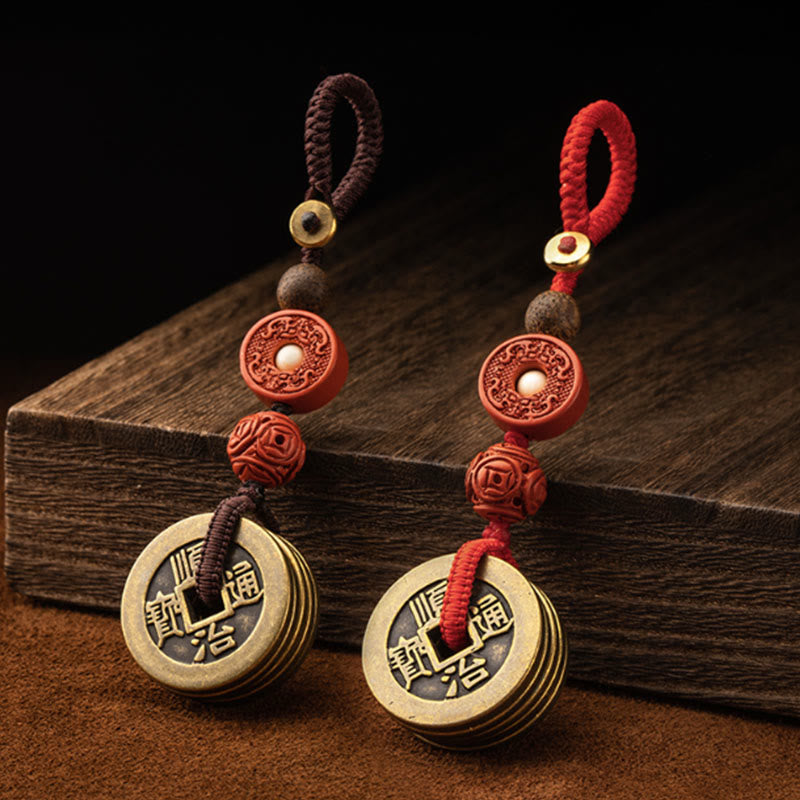 Feng Shui Five Emperor Coins Keychain for Wealth & Protection