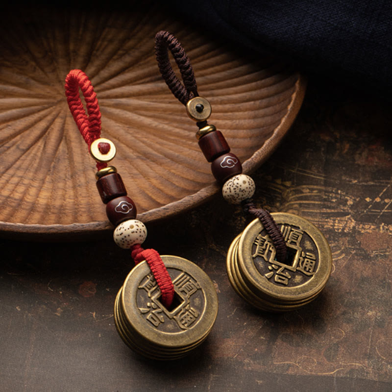 Feng Shui Five Emperor Coins Keychain for Wealth & Protection
