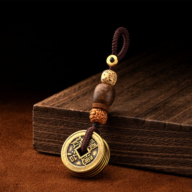 Feng Shui Five Emperor Coins Keychain for Wealth & Protection