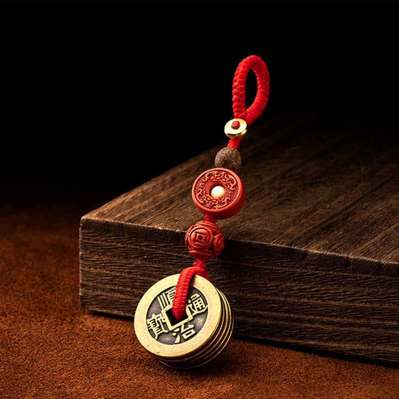 Feng Shui Five Emperor Coins Keychain for Wealth & Protection
